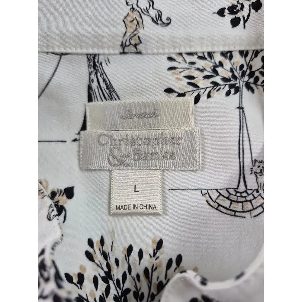 2005 Vtg Christopher & Banks Cotton Stretch Shirt Jacket Shopping Themed Toile L